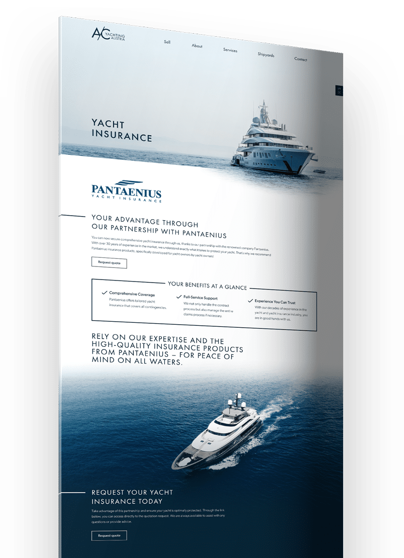 Yacht insurance landing page design for AC Yachting Austria, with ocean visuals and luxury yacht imagery, illustrating web design for the marine industry.