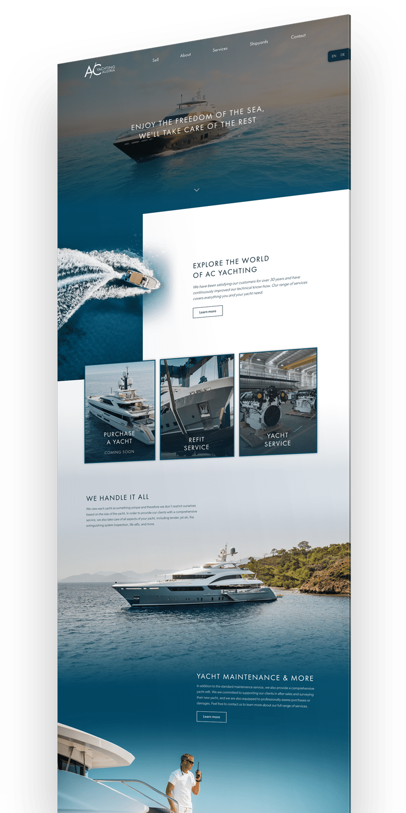Website showcasing yacht services, featuring an elegant vessel on the water with sections for purchase, refit, and maintenance services.