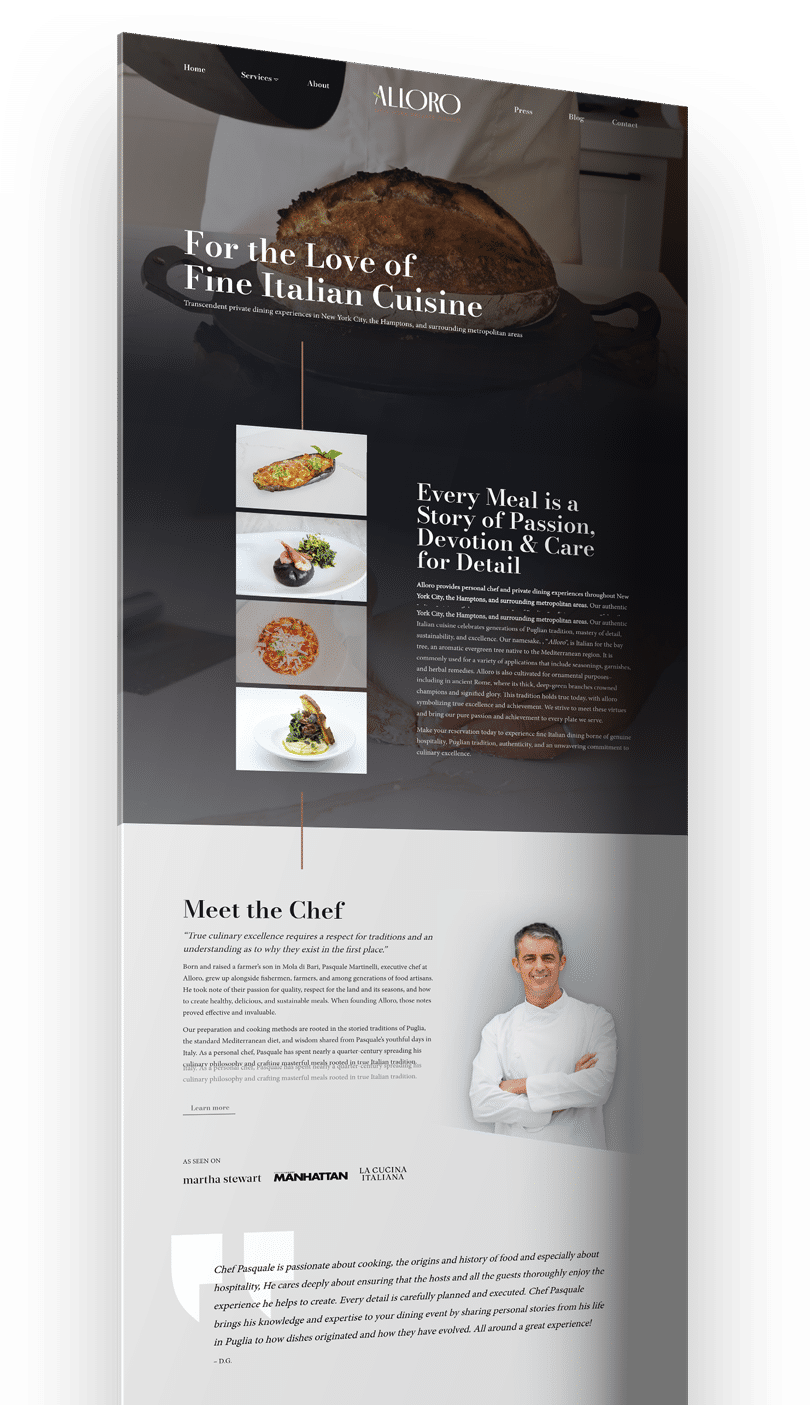 Webpage design featuring fine Italian cuisine with a rich visual presentation of dishes and an introduction to the chef.