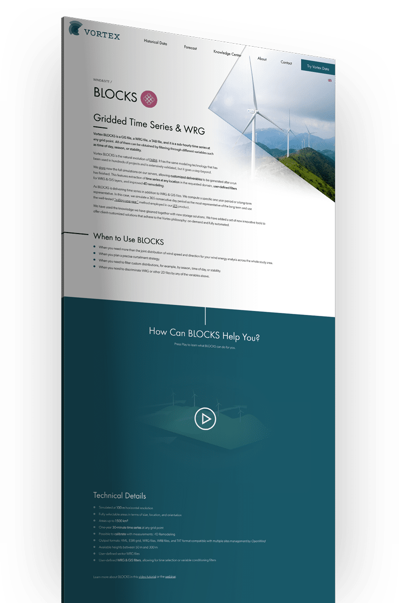 Website layout for wind energy analytics platform by Vortex, highlighting technical content and wind turbine imagery, designed for a clean-tech data company.