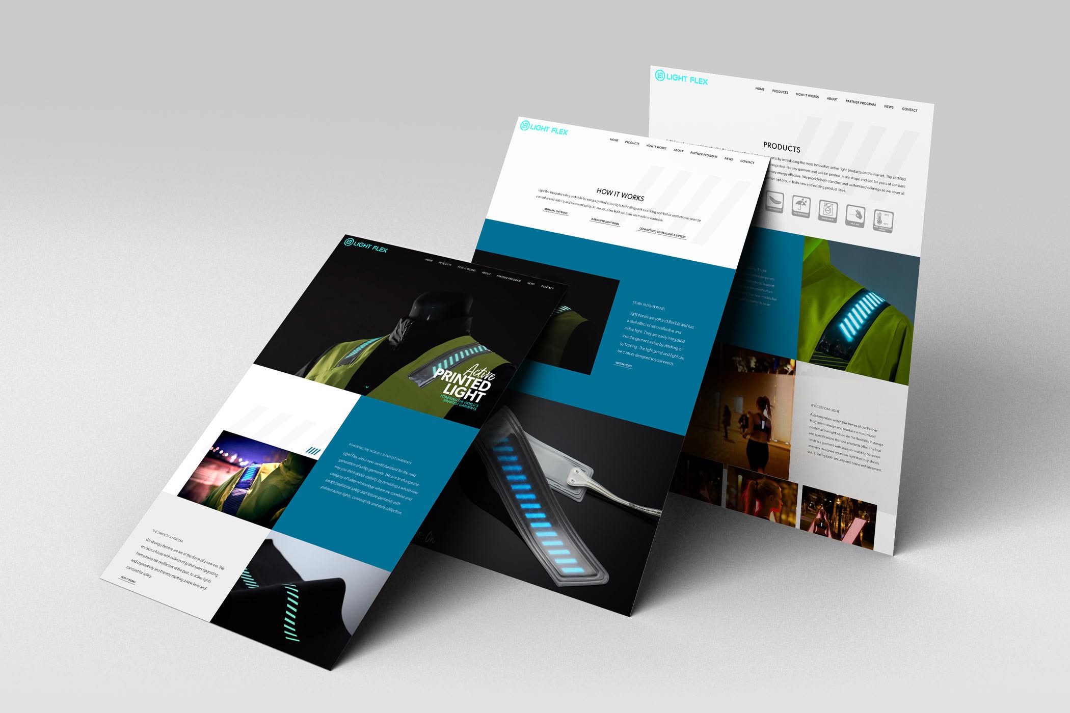 Screenshots of three Light Flex website pages.