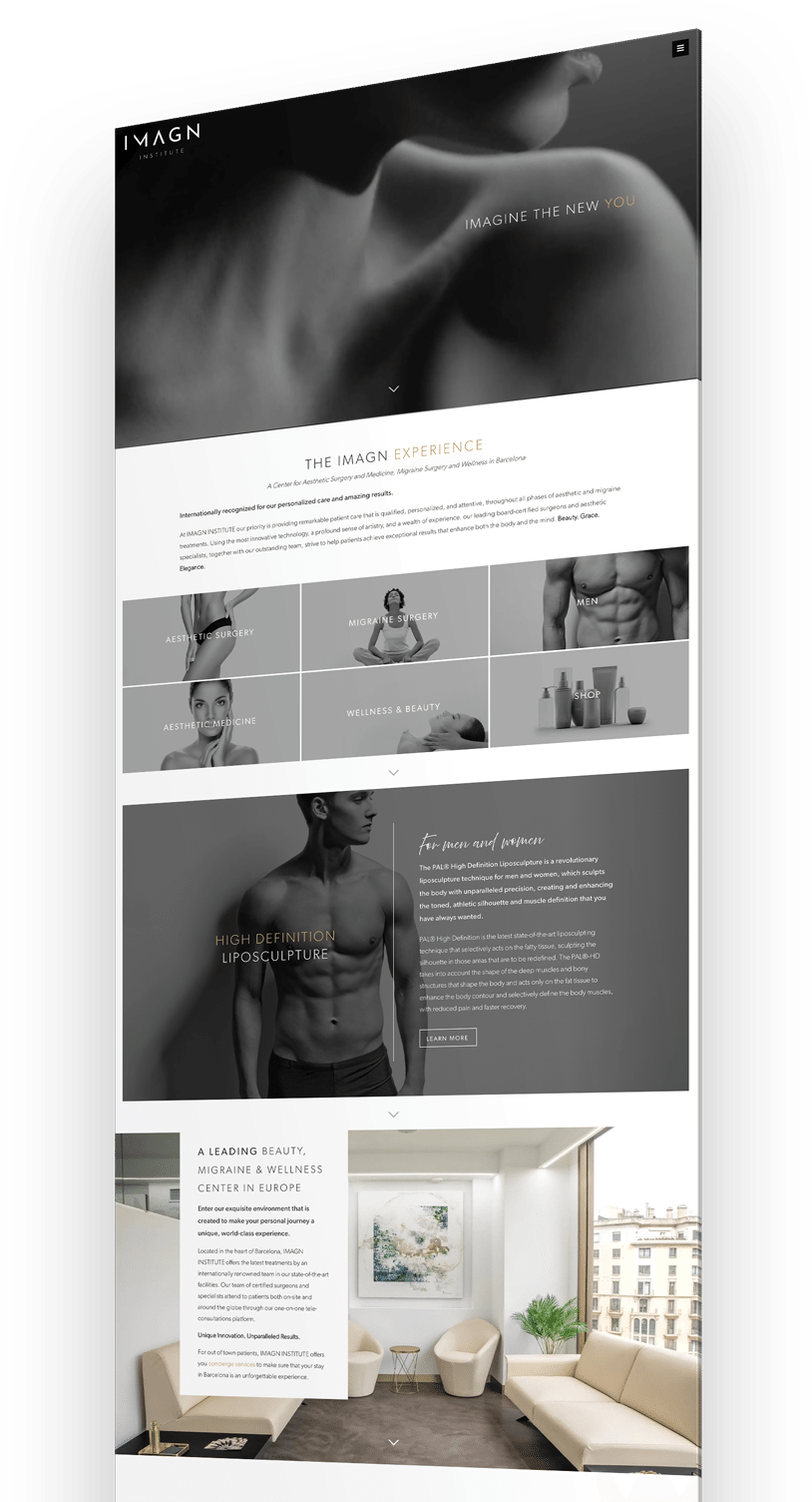 Website design showcasing the Imagn Institute home page, featuring aesthetic surgery and wellness services with a sleek layout.
